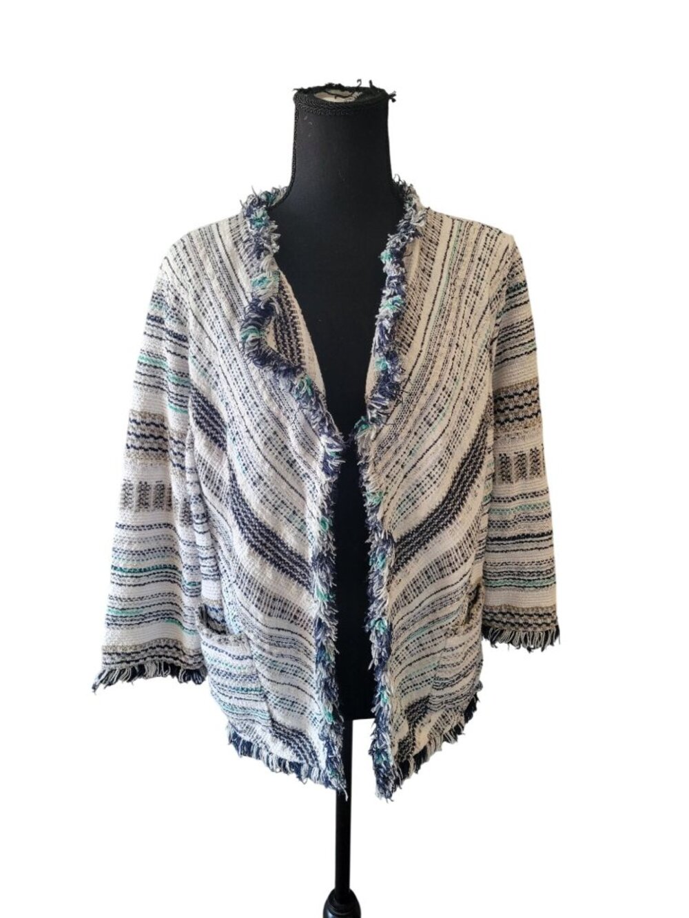 NIC+ZOE Women's Shake It Up jacket blue white striped textured knit fringe XL - Picture 2 of 12